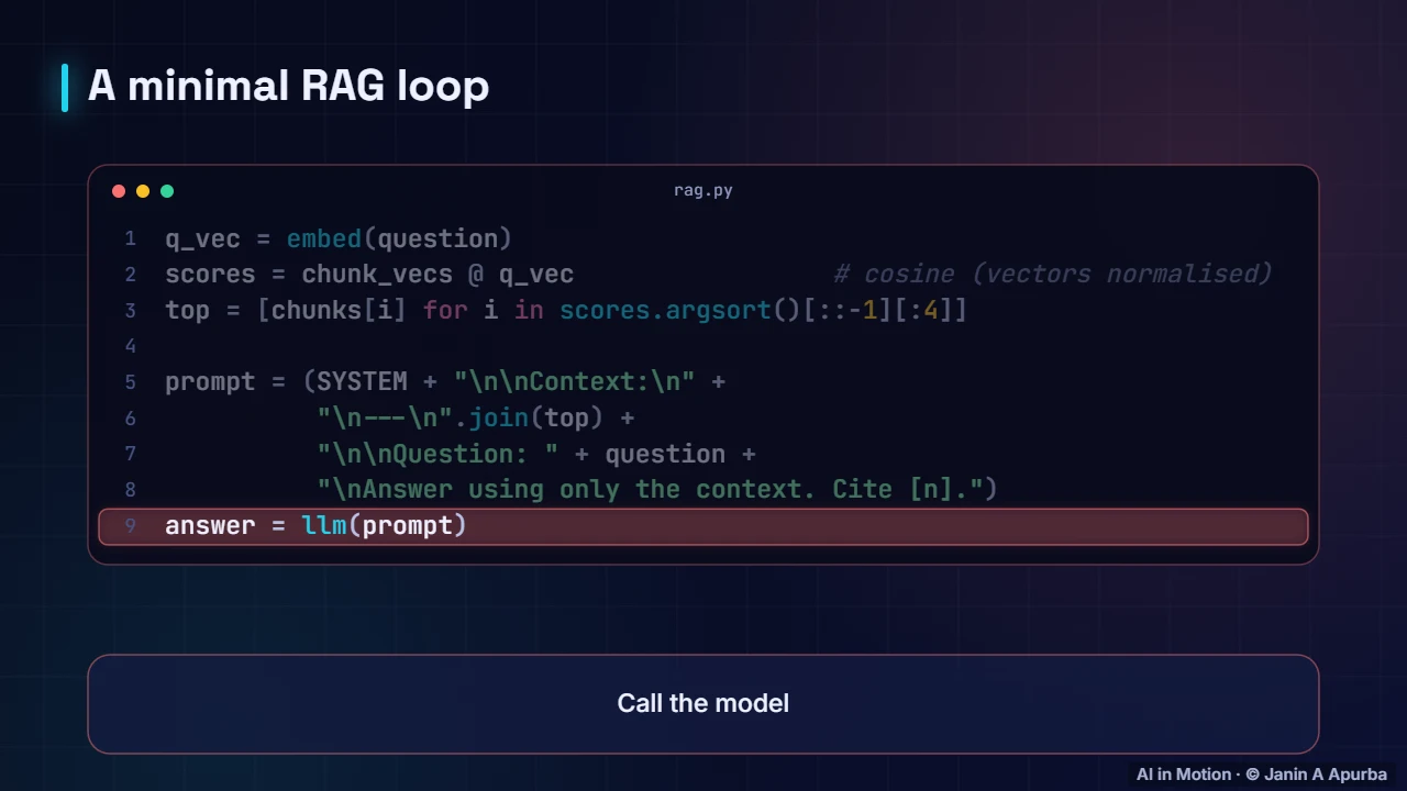 A minimal RAG loop — Building with LLMs: Prompting, RAG and Agents