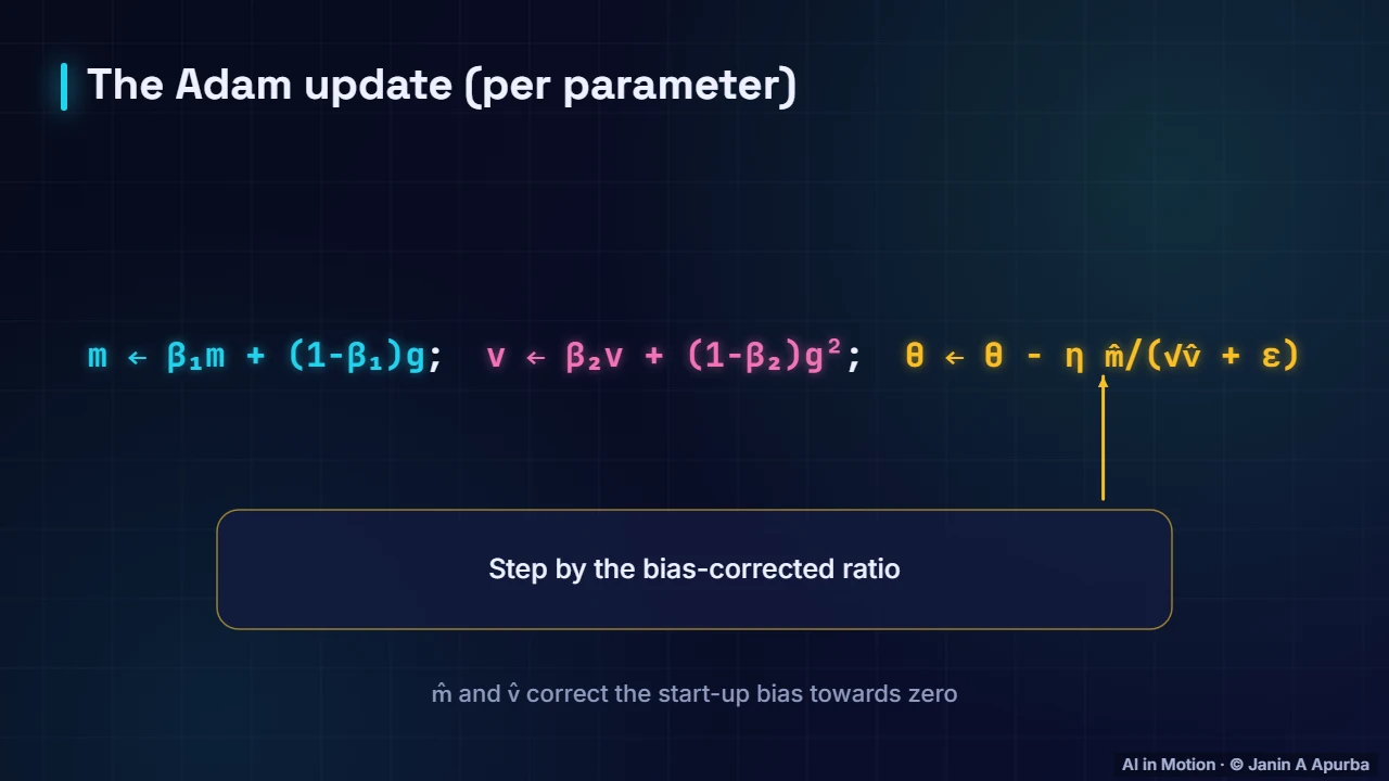 Adam update — Gradient Descent and Optimisation: A Deep Dive