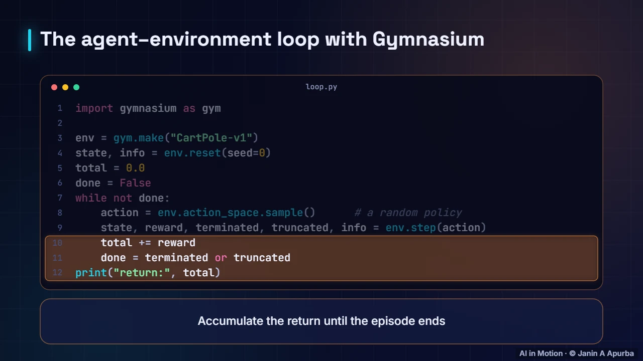The loop in code — Reinforcement Learning Foundations: Agents, MDPs and Returns